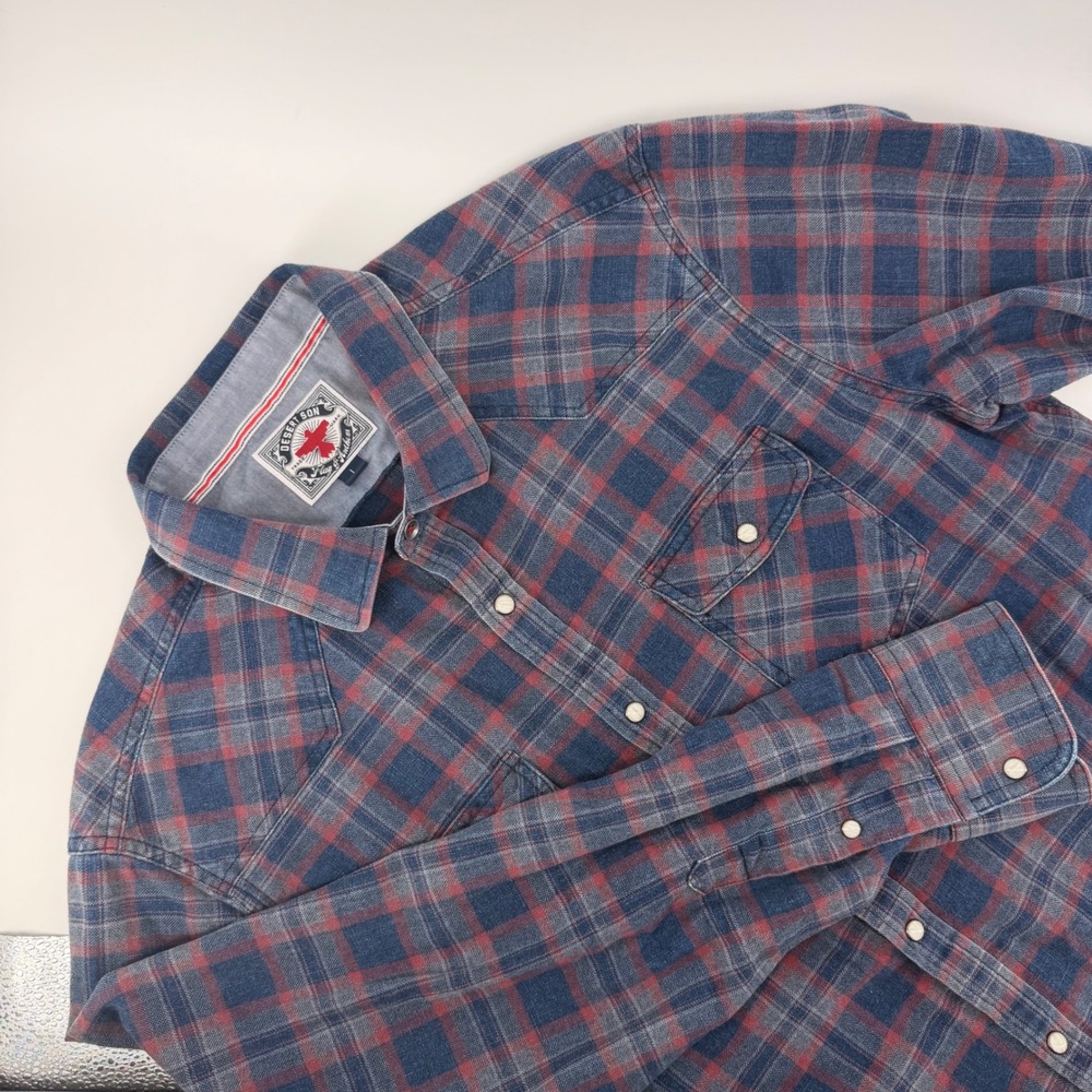 Desert Son Flag & Anthem Mens Large Blue Red Plaid Western Pearl Snap Shirt